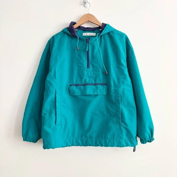 Vintage 90s Teal Hooded Pullover Windbreaker - Picture 2 of 14